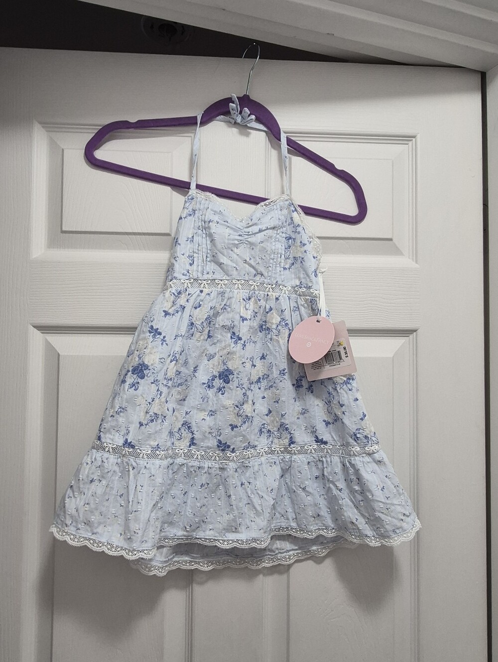 LoveShackFancy Girls Light Blue Floral Sundress with Lace